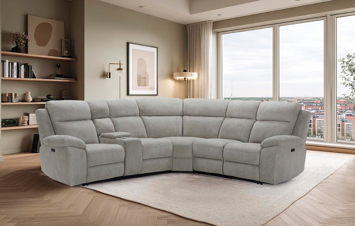 Luca Modular Power Electric Oatmeal Recliner 2 Corner 1 Sofa + Console