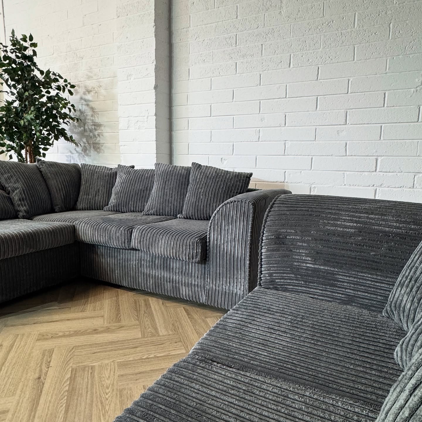 Grey Cord Corner Sofa + Two Seater Sofa Set