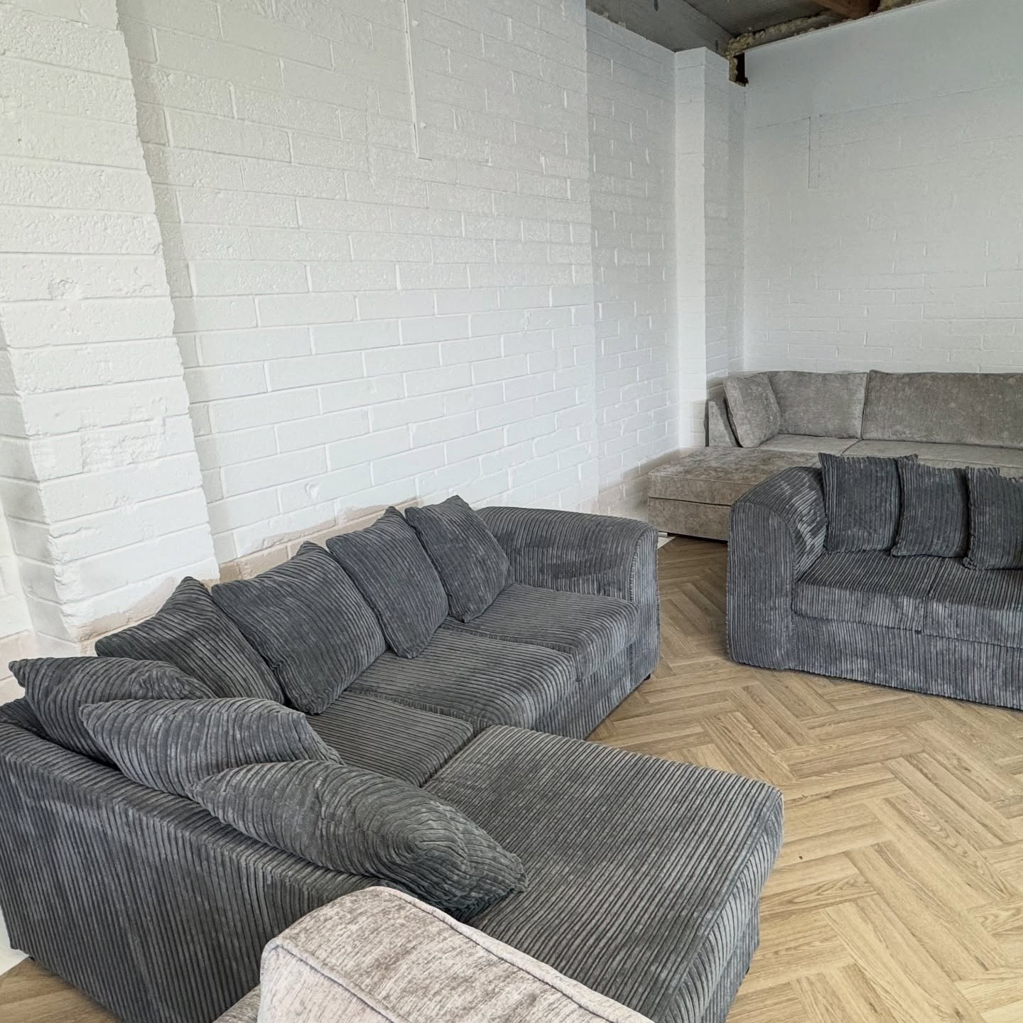 Grey Cord Corner Sofa + Two Seater Sofa Set