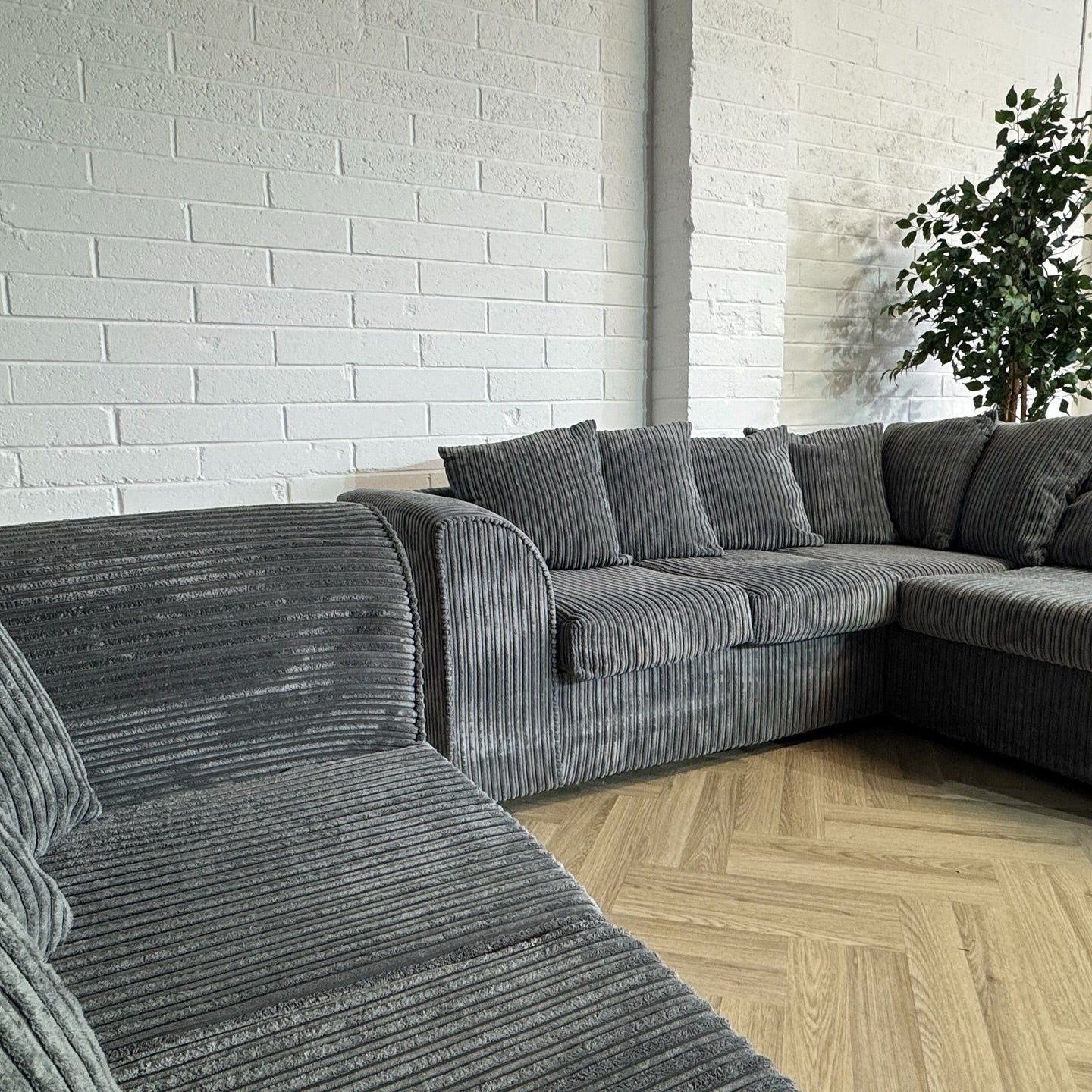 Grey Cord Corner Sofa + Two Seater Sofa Set