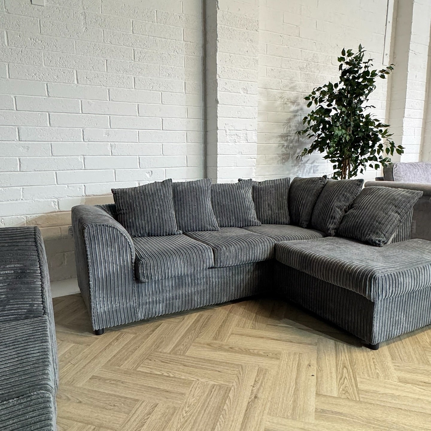 Grey Cord Corner Sofa + Two Seater Sofa Set