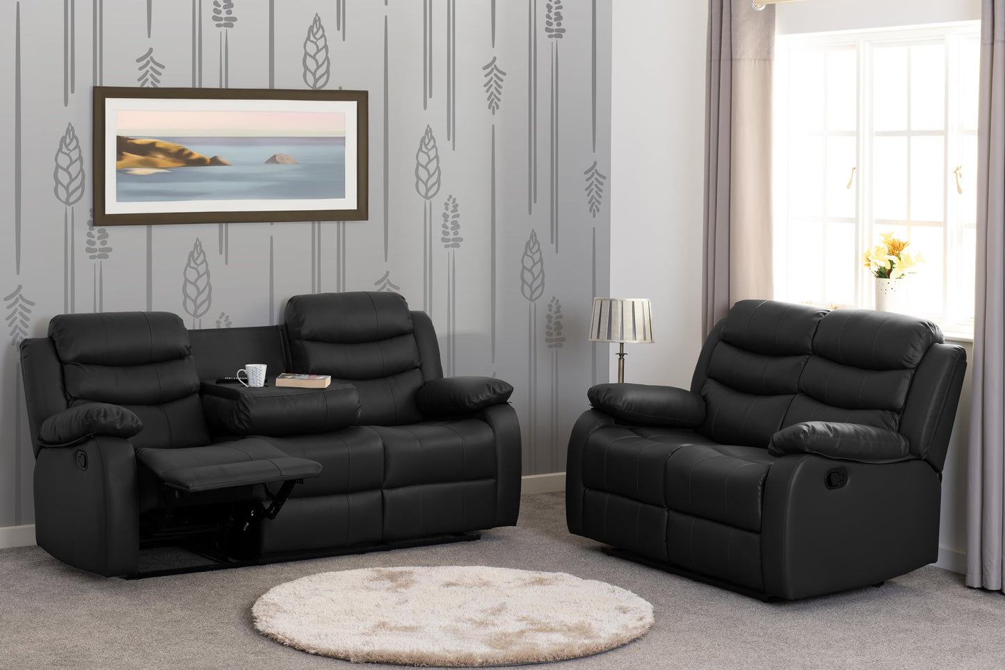 Onyx Black Leather Manual Recliner 3+2 Sofa Set