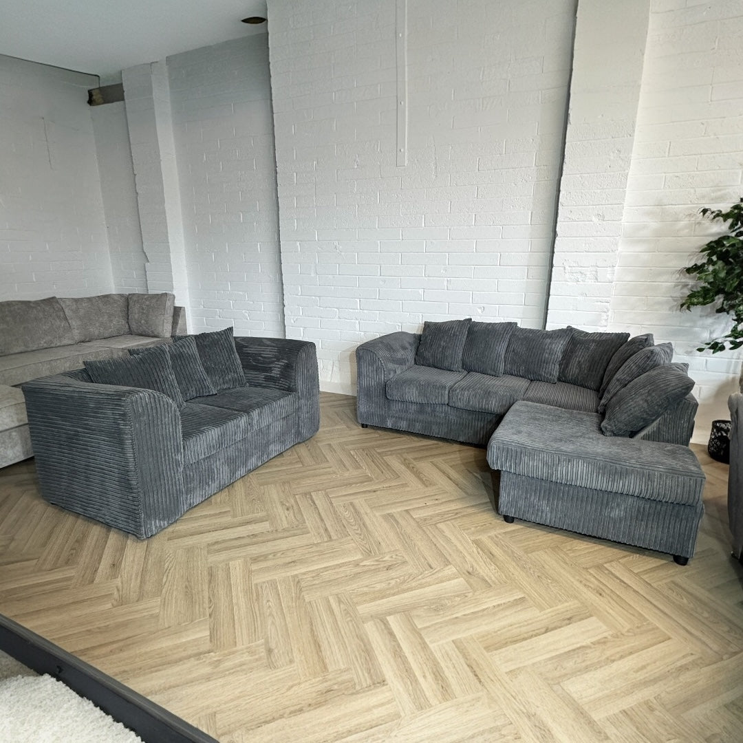 Grey Cord Corner Sofa + Two Seater Sofa Set