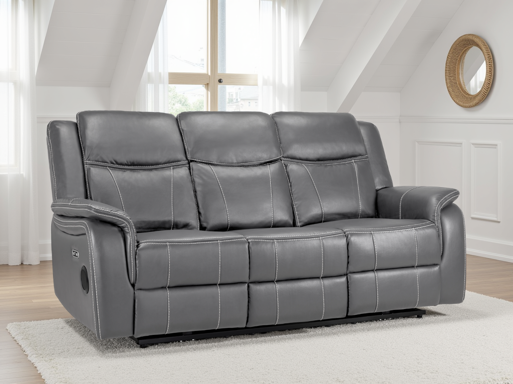 Signature Tech Electric Recliner 3 Seater Grey Leather