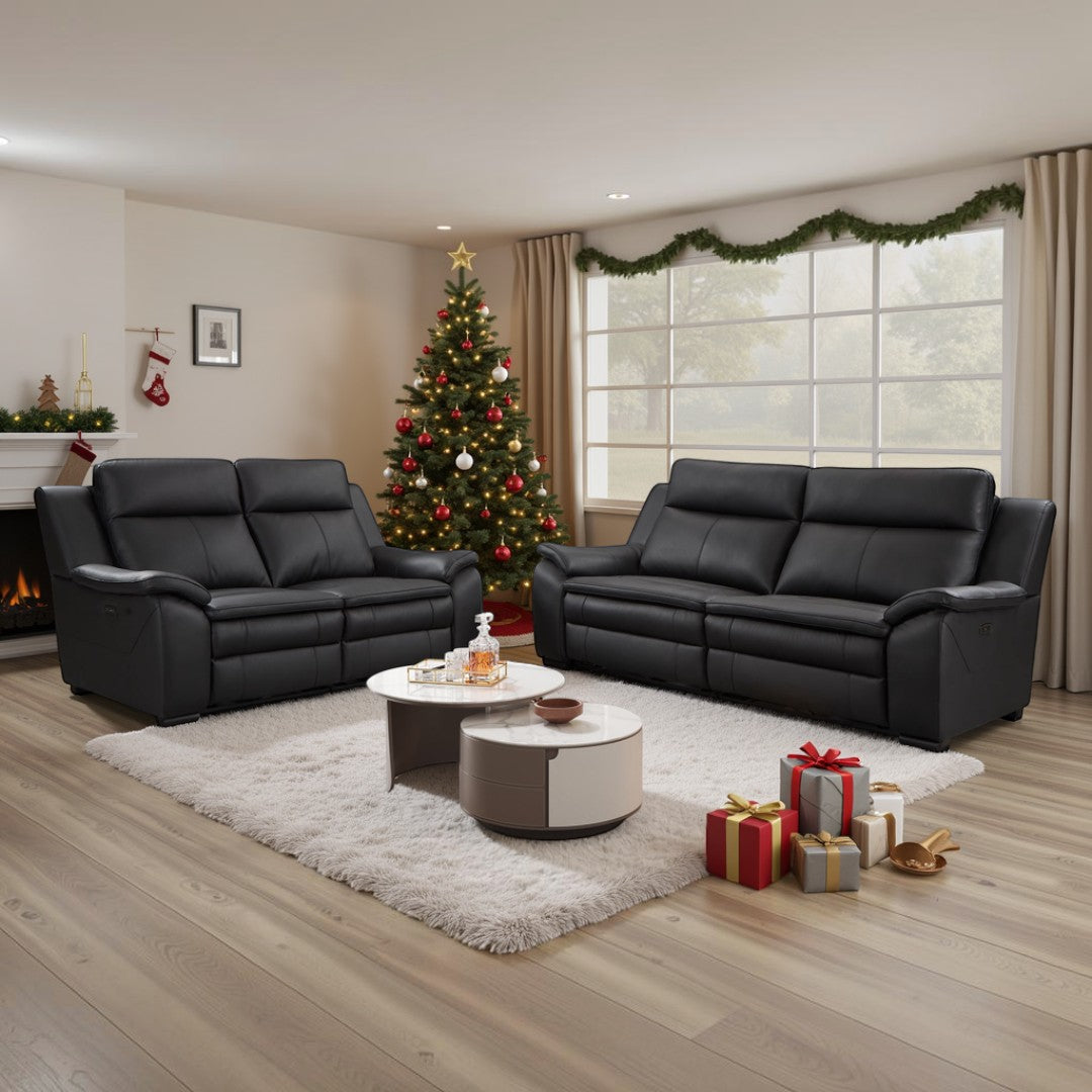 Cedar Genuine Leather Electric Recliner Sofa Black 3+2 Set