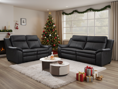 Cedar Genuine Leather Electric Recliner Sofa Black 3+2 Set