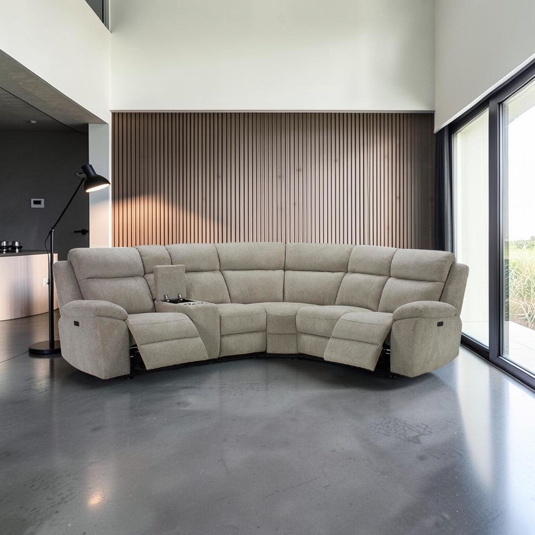 Luca Modular Power Electric Oatmeal Recliner 2 Corner 2 Sofa + Console