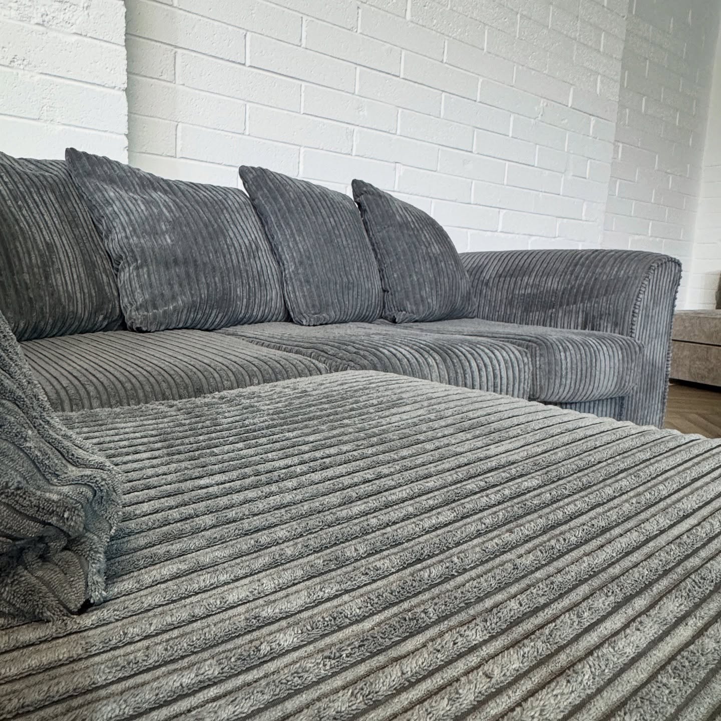 Grey Cord Corner Sofa + Two Seater Sofa Set