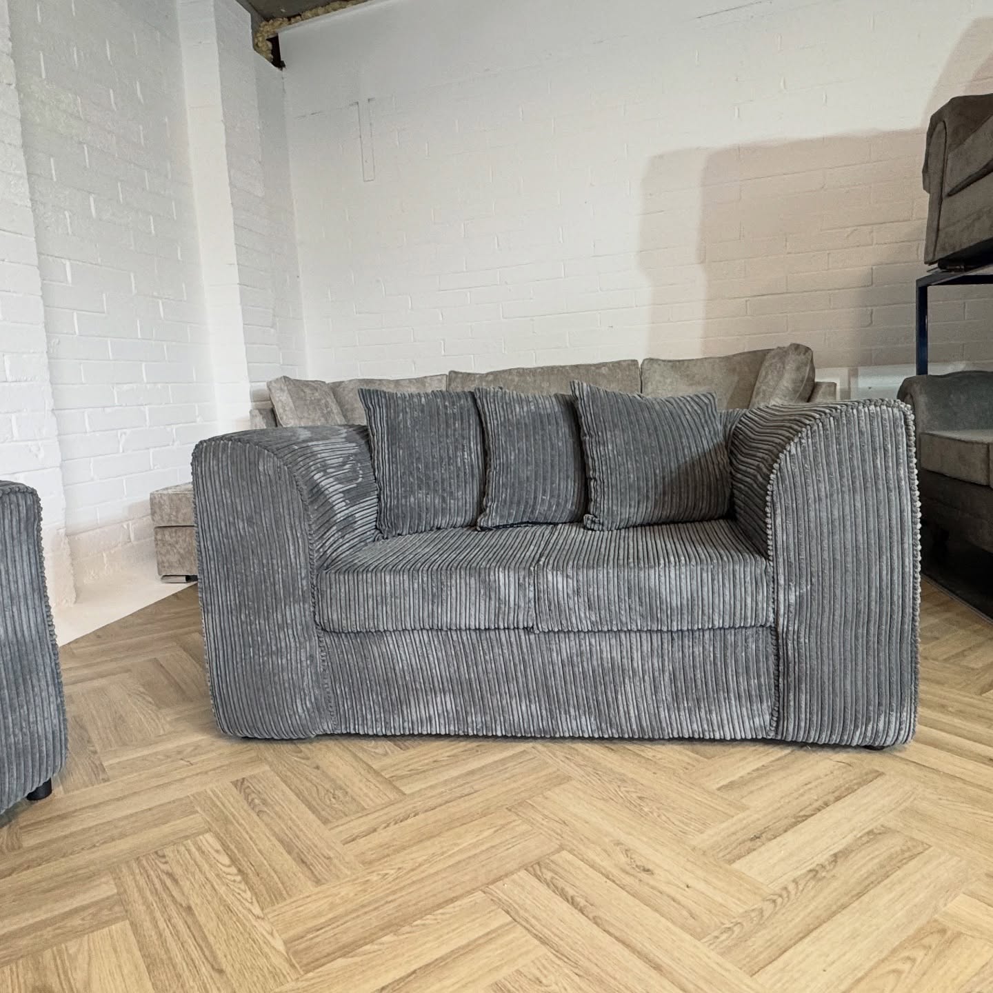 Grey Cord Corner Sofa + Two Seater Sofa Set
