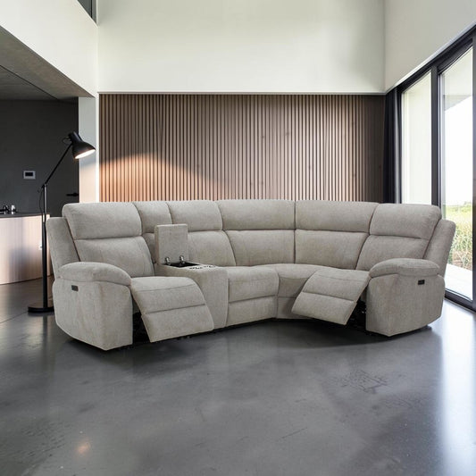 Luca Modular Power Electric Oatmeal Recliner 2 Corner 1 Sofa + Console