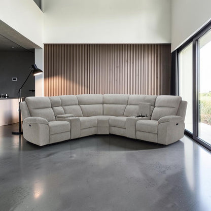 Luca Modular Power Electric Oatmeal Recliner 2 Corner 2 Sofa + 2 Consoles
