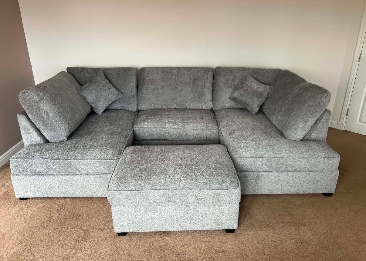 Hudson Grey Boucle U-Shape Sofa with Footstool