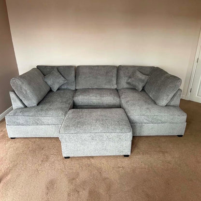 Hudson Grey Boucle U-Shape Sofa with Footstool