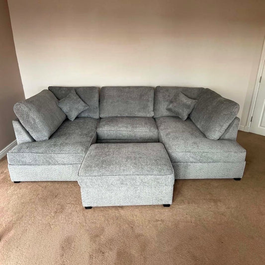 Hudson Grey Boucle U-Shape Sofa with Footstool