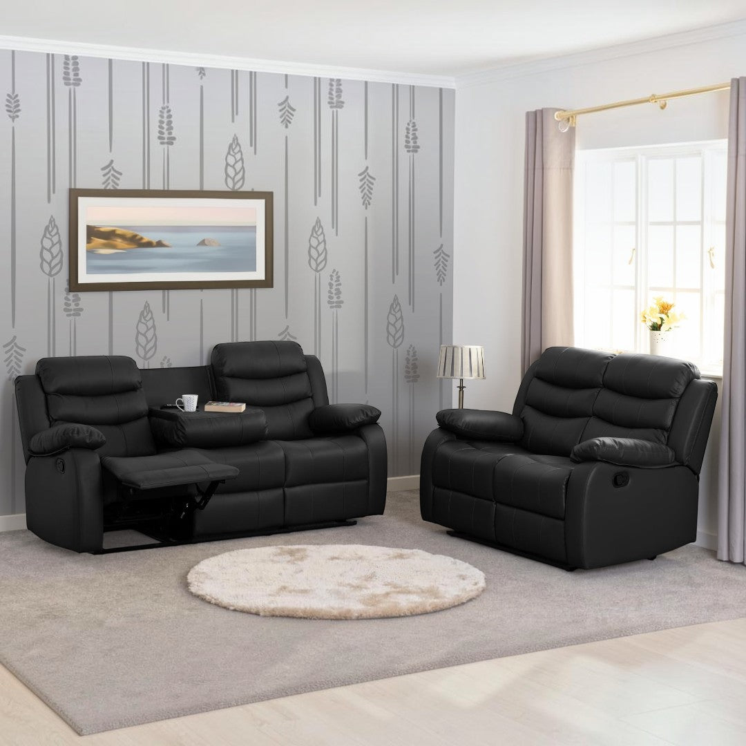 Onyx Black Leather Manual Recliner 3+2 Sofa Set
