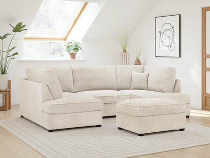 Hudson Beige Boucle U Shape Sofa With Footstool