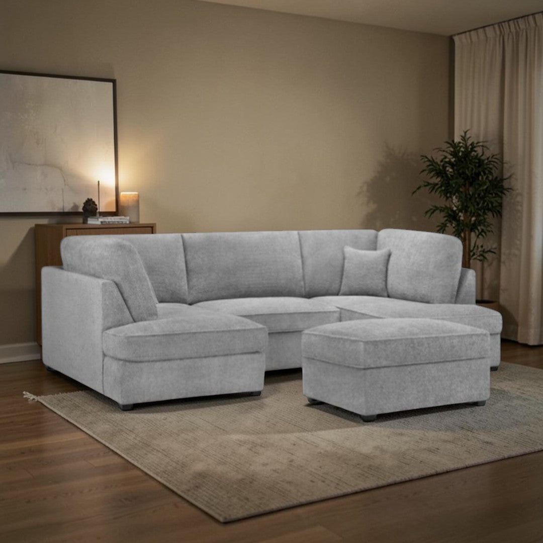 Hudson Grey Boucle U-Shape Sofa with Footstool