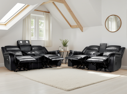 Signature Tech Black Leather Electric Recliner 3+2 Sofa Set