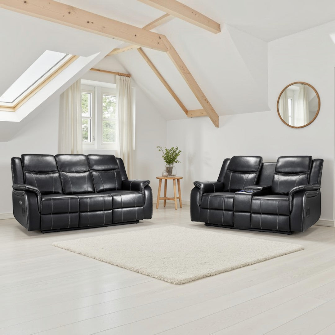 Signature Tech Black Leather Electric Recliner 3+2 Sofa Set