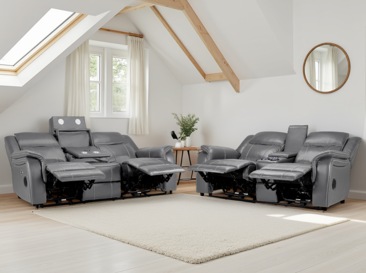 Signature Tech Grey Leather Electric Recliner 3+2 Sofa Set