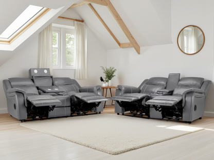 Signature Tech Grey Leather Electric Recliner 3+2 Sofa Set