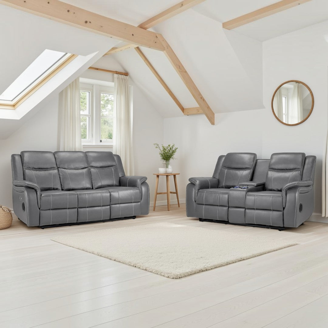 Signature Tech Grey Leather Electric Recliner 3+2 Sofa Set