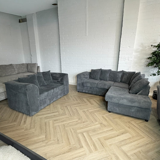Grey Cord Corner Sofa + Two Seater Sofa Set