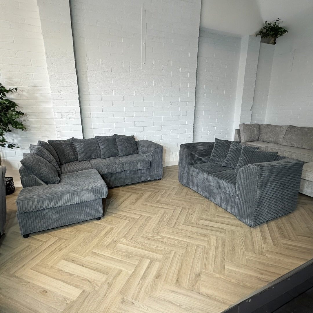 Grey Cord Corner Sofa + Two Seater Sofa Set