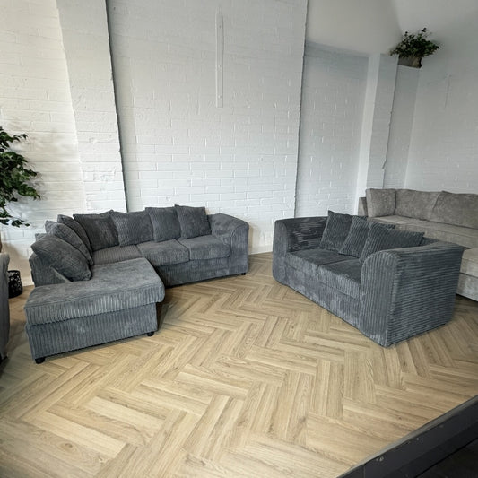 Grey Cord Corner Sofa + Two Seater Sofa Set