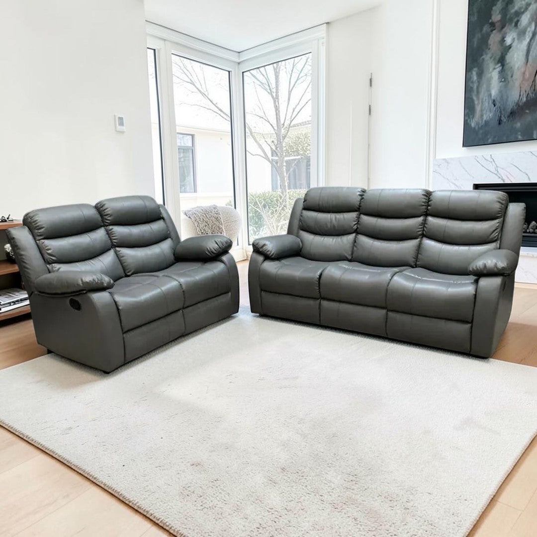 Onyx Grey Leather Manual Recliner 3+2 Sofa Set