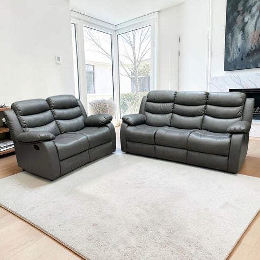 Onyx Grey Leather Manual Recliner 3+2 Sofa Set