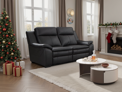 Cedar Genuine Leather Electric Recliner Sofa Black 2 Seater